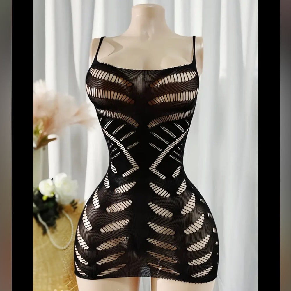 Black Cut Out Fishnet Spaghetti Straps Dress Beach Cover Up